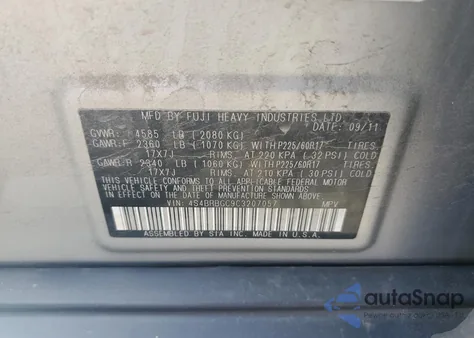 2012 Subaru Outback 2.5I Premium from USA, damaged, VIN 4S4BRBGC9C3207057